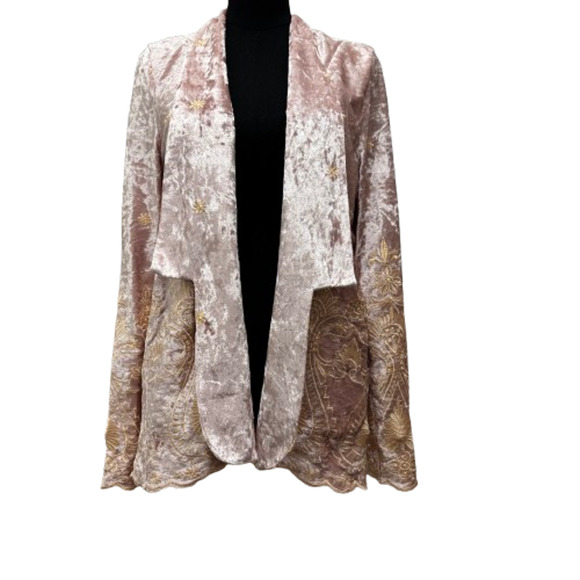 LENNI The Label RUMI Pink Gold Embroidered Crushed Velvet Jacket Coat Size L - Picture 4 of 11